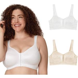 PLAYTEX Women’s Wireless Bra, 18 Hour Plus-Size Bras Available, Front Close, Extra Back Support, E525, Single or 2-Pack(White/Light Beige  2 Pack)