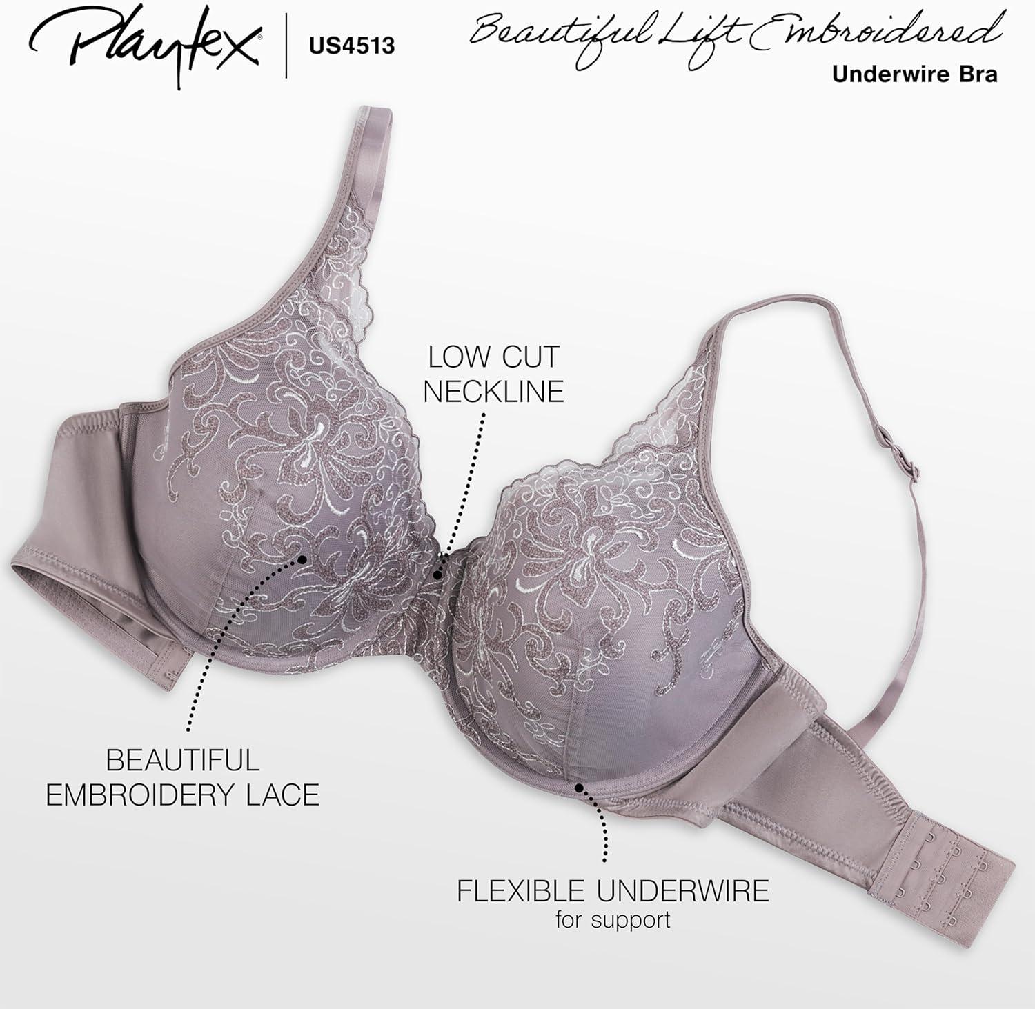 imagePlaytex Womens Love My Curves Feel Gorgeous Underwire Full Coverage Bra US4513Embroidery White