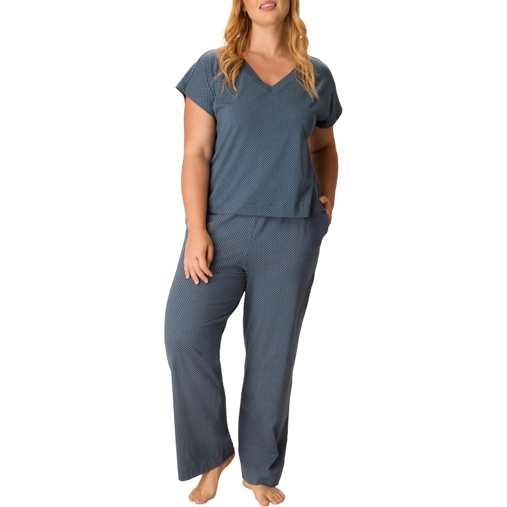 image:imagePLAYTEX Womens Pajamas Set for Women Cottonstretch Sleep Tee amp Pants Set Moisturewicking Loungewear Pockets 29Fairly Light Navy Dot
