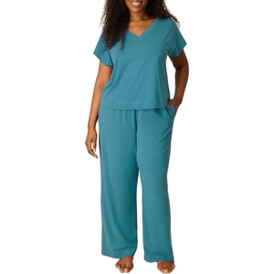 PLAYTEX Women’s Pajamas Set for Women – Cotton-stretch Sleep Tee & Pants Set – Moisture-wicking Loungewear, Pockets, 29″(Nifty Turquoise)